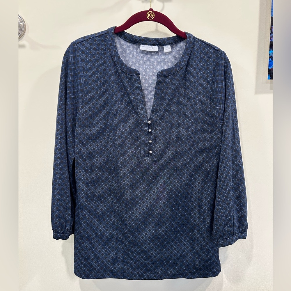 New York & Company Navy Blue Patterned Blouse